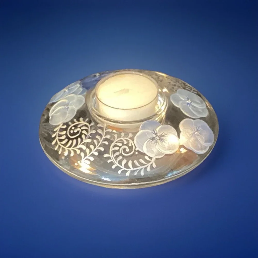 Vtg Glass Votive Candle Holder‎ Hand Painted Madiggan Australia Gorgeous Blue